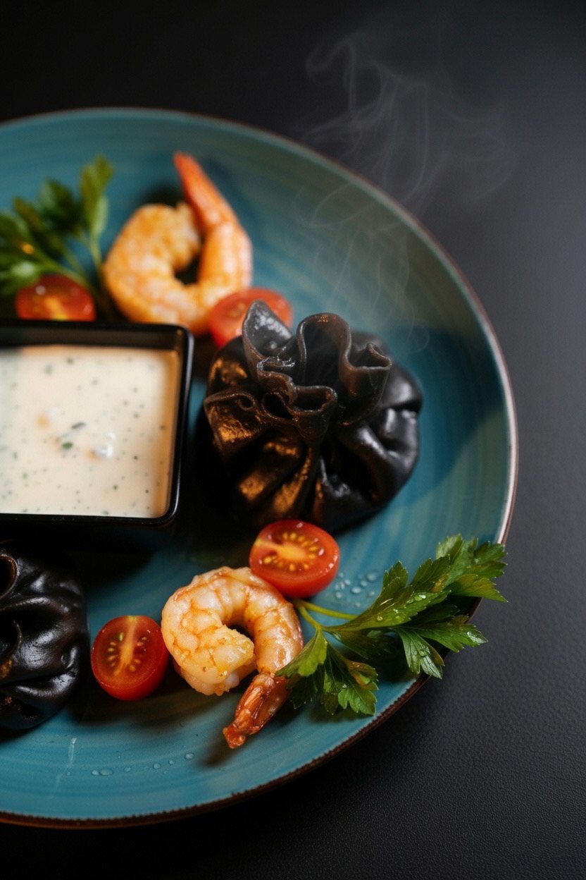 Black khinkali with shrimp
