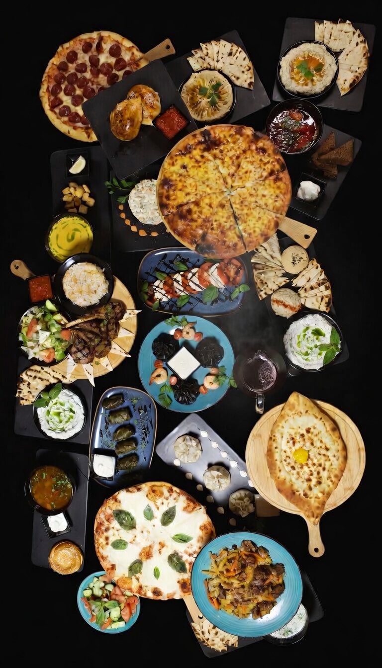 Overhead spread of One Lounge dishes