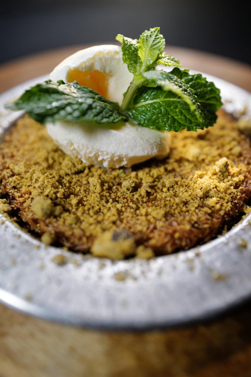 Kunefe with ice cream and pistachio